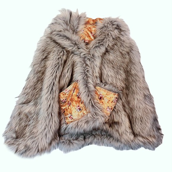 Reversible Faux Fur Velvet Cape - floral yellow and grey - Picture 3 of 8